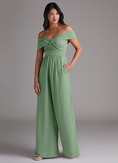 Azazie Lamara Robes de demoiselle d'honneur Combinaison Convertible en Mousseline de soie Épaule décolletée Matcha image4