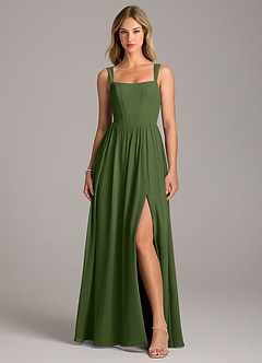 Azazie Rosaline Bridesmaid Dresses Olive A-Line Side Slit Chiffon Dress image4