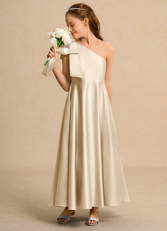 Azazie Guppy Girls Formal Blumenmädchenkleider A-Linie One-Shoulder Matte Satin Kleid Champagner image4