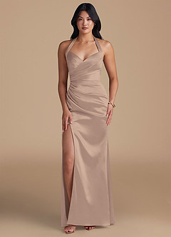 Azazie Emeria Robes de demoiselle d'honneur Robe Fourreau en Satiné métallisé Fente Latérale Taupe image1