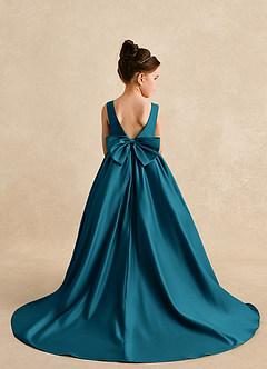 Azazie Mimia Robe Demoiselle D'honneur Fillette Robe Trapèze en Mat Satiné Arc Bleu Encre image2
