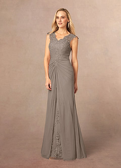Azazie Jovie Mother of the Bride Dresses Taupe A-Line Lace Dress image2