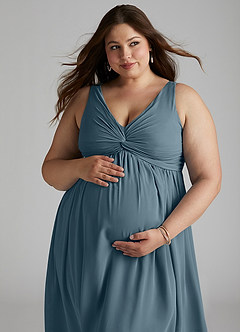 Azazie Yetta Maternity Bridesmaid Dresses A-Line V-Neck Gathered Chiffon Floor-Length Dress image8