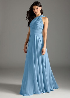 Azazie Charlize Vestidos de damas de honor Vestido de Azul Acero de Gasa de Corte en A con Hombro unilateral image4
