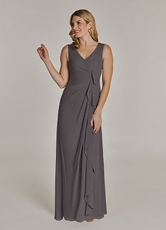 Azazie Manuella vestidos de madre de la novia Vestido de Gris Acero de Gasa de Corte En A con Cuello en V plisado image4