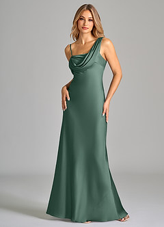 Azazie Celina Bridesmaid Dresses Eucalyptus Sheath Off the Shoulder Stretch Satin Dress image3