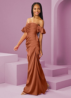 Barbie ♥ Azazie Jurken voor bruidsmeisjes Converteerbaar Jurk van Stretch Satijn met Kolom Off the Shoulder Ceder Roos image4