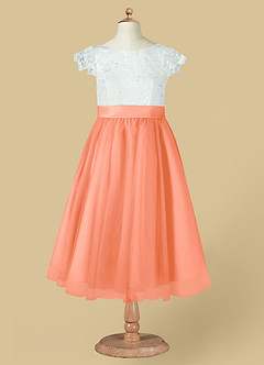 Azazie Vetty Robe Demoiselle D'honneur Fillette Robe Trapèze en Tulle Dentelle Ivoire Coucher De Soleil image12
