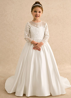 Azazie Lilyana Abiti da Ragazza di Fiori Abito Principessa in Pizzo Con Maniche Avorio image3