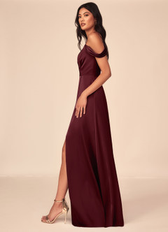 Azazie Ocean Bridesmaid Dresses Cabernet A-Line V-Neck Pleated Stretch Satin Dress image3