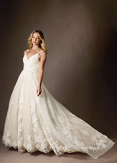 Azazie Delaina Wedding Dresses Diamond White Champagne A-Line V-Neck Sequins Tulle Dress image6