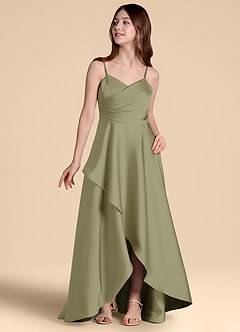 Azazie Prisha Junior Vestido de Pistacho de Satén Elástico de Corte en A con Plisado image4