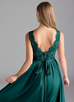 Azazie Elly Bridesmaid Dresses Peacock A-Line Lace Stretch Satin Dress image6