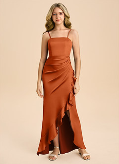 Azazie Buzzy Junior Burnt Orange Sheath Pleated Stretch Satin Dress image3