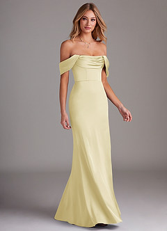 Azazie Saige Bridesmaid Dresses Lemon Sorbet Sheath Off the Shoulder Stretch Satin Dress image6