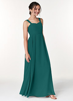 Azazie Simoan Junior Abito A-Line in Chiffon Scollo a Cuore Verde Pavone image3