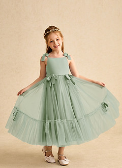 Azazie Jaci Blumenmädchenkleider A-Linie Spaghetti Riemen Chiffon Kleid Staubiger Salbeigrün image4