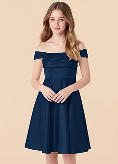 Azazie Amira Junior Dark Navy A-Line Pleated Stretch Satin Dress image4