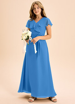 Azazie Lainey Junior Abito A-Line in Chiffon Con Tasche Blue Jay image6