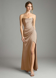 Azazie Leonis Bridesmaid Dresses Taupe Mermaid Pleated Stretch Satin Convertible Dress image5