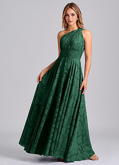 Azazie Charlize Final Sale Dark Green A-Line One Shoulder Floral Burnout Dress image4