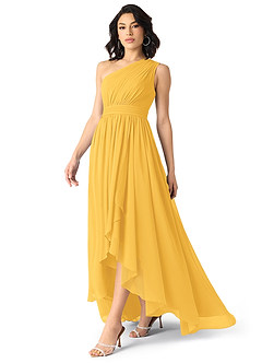 Azazie Mathilda Bridesmaid Dresses Marigold A-Line One Shoulder Chiffon Dress image3