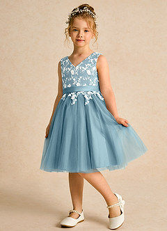 Azazie Butterfly Flower Girl Dresses Moody Blue A-Line Lace Dress image4