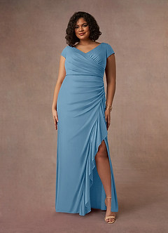 Azazie Roya Mother of the Bride Dresses Steel Blue Mermaid V-Neck Pleated Mesh Dress image7