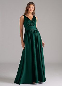Azazie Kora Bridesmaid Dresses Emerald A-Line Pleated Stretch Satin Dress image1