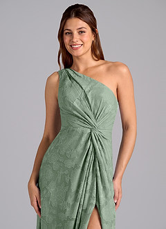 Azazie Brooke Vestidos de damas de honor Vestido de Matcha de Devorado Floral de Corte en A con Hombro unilateral image6