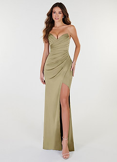 Azazie Yola Bridesmaid Dresses Moss Green Sheath V-Neck Pleated Stretch Satin Convertible Dress image1