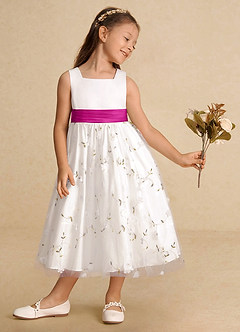 Azazie Pollie Flower Girl Dresses Ivory Fuchsia A-Line Bow Tulle Dress image4