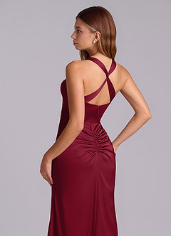 Azazie Amelie Bridesmaid Dresses Burgundy A-Line Pleated Stretch Satin Dress image2