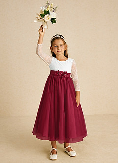 Azazie Mae vestidos de niña de las flores Vestido de Marfil Burdeos de Tul de Corte En A con Lazo image4
