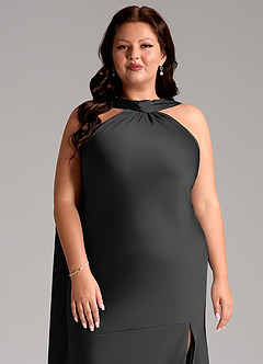 Azazie Kinsley Bridesmaid Dresses Black Mermaid Side Slit Stretch Satin Dress image13