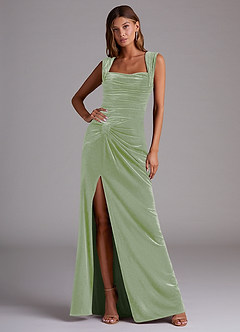Azazie Genesis Bridesmaid Dresses Dusty Sage Sheath Pleated Velvet Dress image1