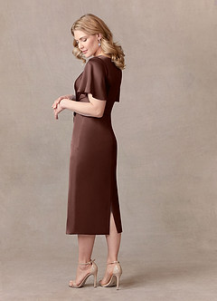 Azazie Everlyn Mother of the Bride Dresses Espresso Sheath Pleated Stretch Satin Dress image3
