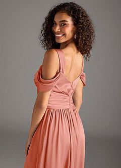 Azazie Lianne Bridesmaid Dresses Coral A-Line Off the Shoulder Stretch Satin Dress image4