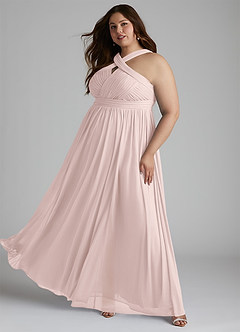 Azazie Hillian Vestidos de damas de honor Vestido de Rosa Rubor de Malla de Corte en A con Halter Plisado image11