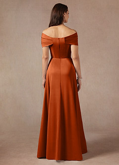 Azazie Amelia Vestidos para mãe da noiva Vestido Laranja Queimada de Cetim elástico de Linha A com Fora do ombro image6