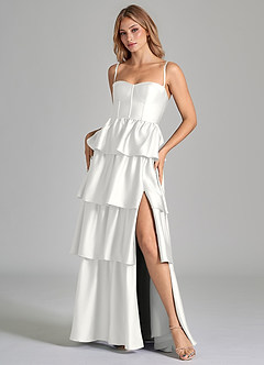 Azazie Faye Bridesmaid Dresses White A-Line Ruched Stretch Satin Dress image8