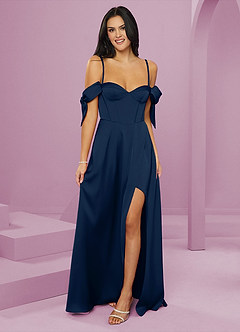 Barbie ♥ Azazie Jurken voor bruidsmeisjes Jurk van Stretch Satijn met A-Lijn Off the Shoulder Donkere Marine image13