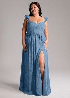 Azazie Denisse Bridesmaid Dresses Steel Blue A-Line Ruched Floral Burnout Dress image9