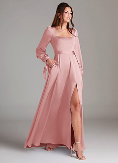 Azazie Leonia Suknie dla druhen Linia A Długi rękaw Satyna elastyczna Do ziemi Sukienka image4