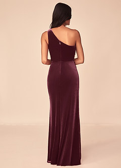 Azazie Argan Bridesmaid Dresses Raspberry A-Line One Shoulder Pleated Velvet Dress image2