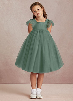 Azazie Kalio Flower Girl Dresses Eucalyptus A-Line with Sleeves Tulle Dress image2