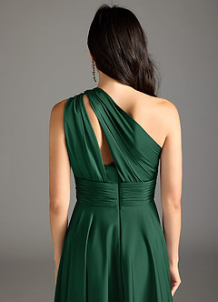 Azazie Charlize Bridesmaid Dresses Dark Green A-Line One Shoulder Stretch Satin Dress image8