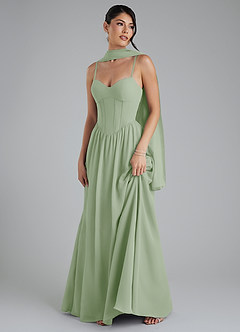 Azazie Alisha At-home Try On Dresses Dusty Sage A-Line Corset Chiffon Dress image5
