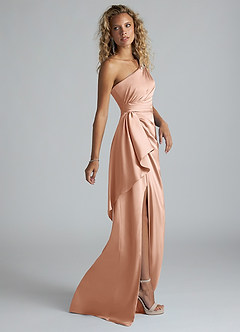 Azazie Maive Bridesmaid Dresses Rose Gold Sheath Ruched Stretch Satin Dress image4