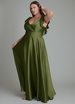 Azazie Leilani Bridesmaid Dresses Olive A-Line Ruched Stretch Satin Dress image5